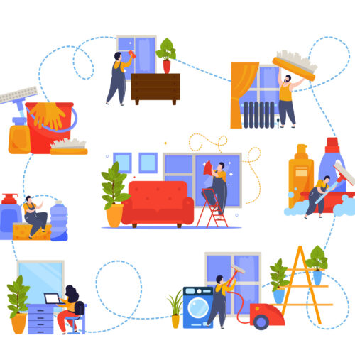 Windows Cleaning Flat Composition Windows cleaning flat flowchart of isolated compositions with detergents workers performing cleanup and pieces of furniture vector illustration